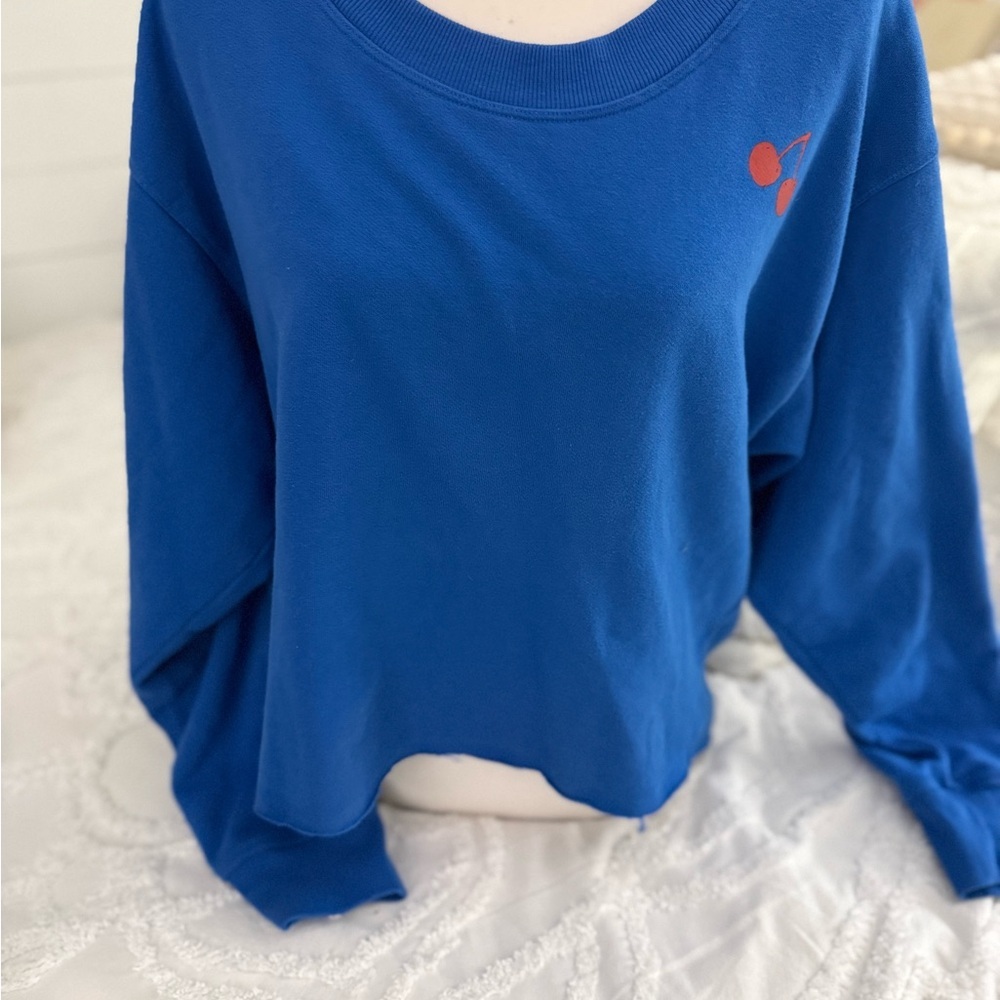 Cobalt Blue Cropped Sweatshirt with Cherry Accent